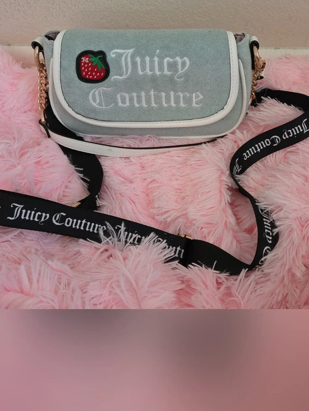 Juicy Couture Mint Green Velvet Crossbody with Strawberry Patch